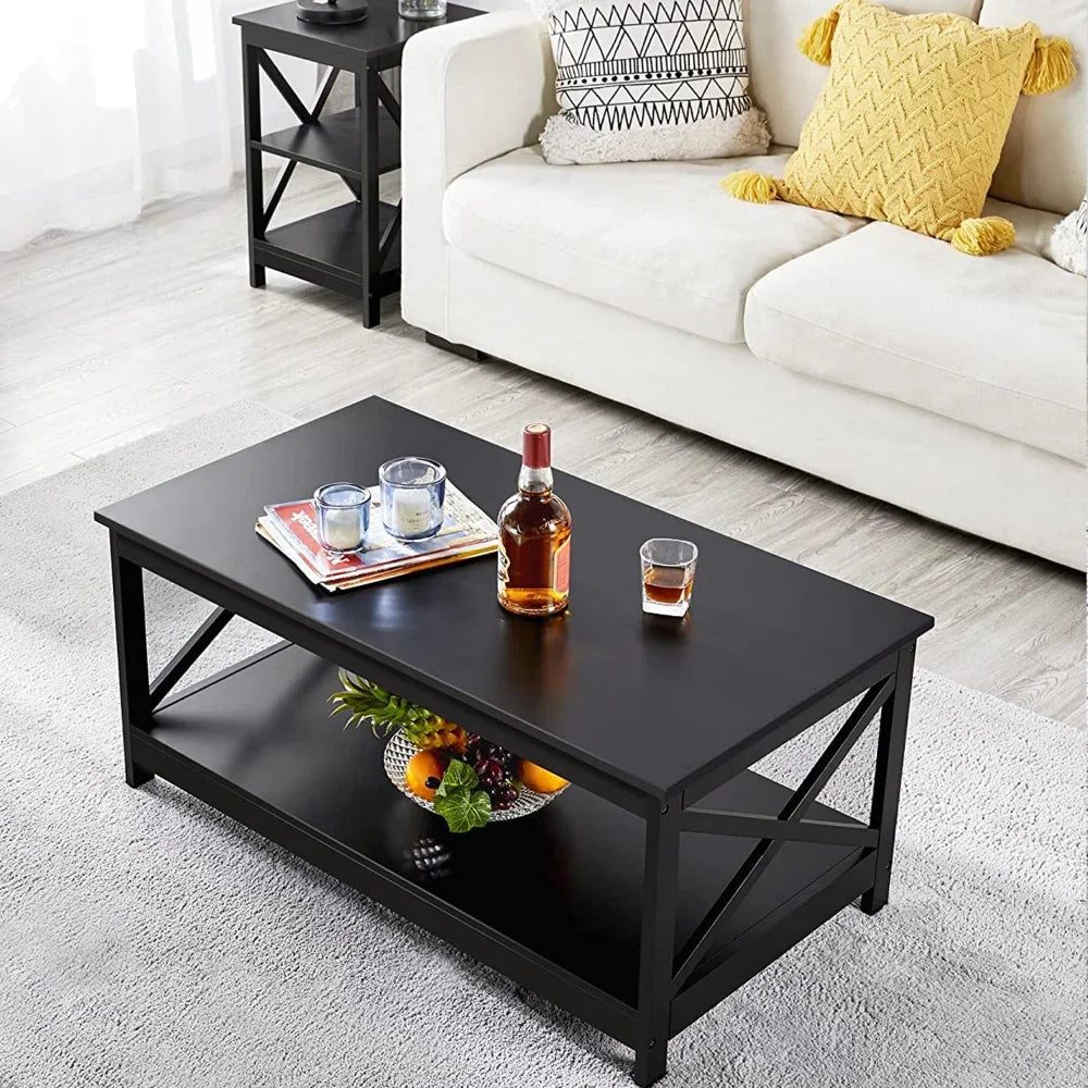 Coffee Table Living Room Furniture Table with Storage Shelf, Black Modern Coffee Table Clean