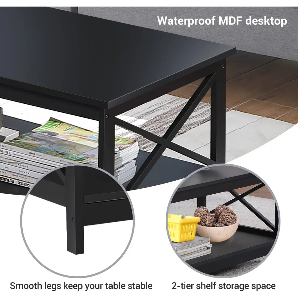 Coffee Table Living Room Furniture Table with Storage Shelf, Black Modern Coffee Table Clean
