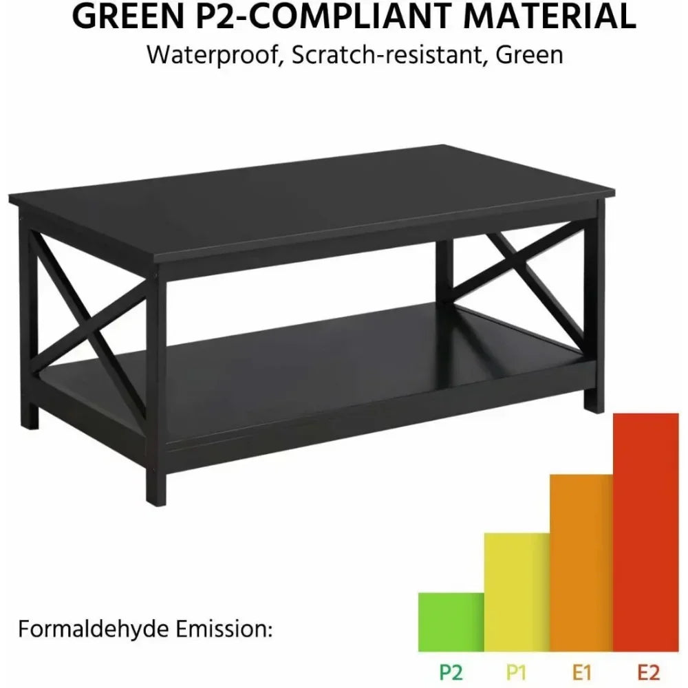 Coffee Table Living Room Furniture Table with Storage Shelf, Black Modern Coffee Table Clean